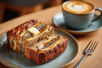 Delicious toasted banana bread with butter served on ceramic plate alongside coffee