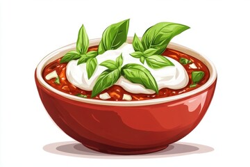 Red bowl of tomato soup with cream and basil on white background
