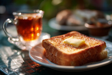 Delicious toast with butter served alongside warm cup of tea on cafe table