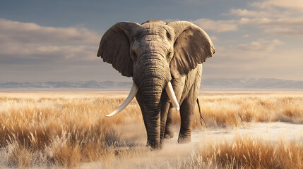 Fototapeta premium Majestic elephant walking through golden grasslands under a serene sky at sunset