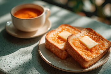 Freshly toasted bread with butter and sugar, paired with warm cup of tea, creates cozy