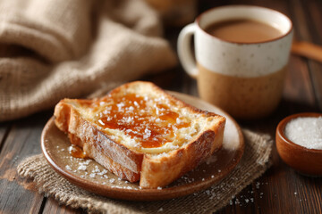 Delicious toast with sweet topping and sugar served with coffee on rustic table