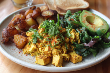 Delicious vegan breakfast plate with tofu scramble, roasted potatoes, and fresh greens