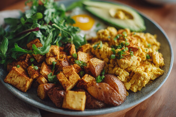 Delicious vegan breakfast plate featuring tofu scramble, roasted potatoes, and fresh greens