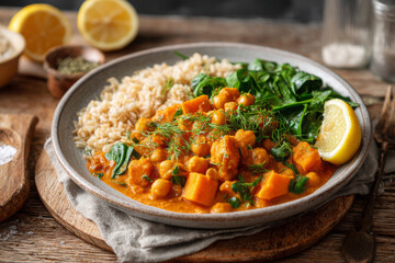 Delicious vegan curry with chickpeas, sweet potato, and spinach served with brown rice
