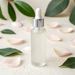 A translucent dropper bottle for serum, with a silver cap and white dropper, is placed on a textured white surface, surrounded by scattered pink petals and green leaves.
