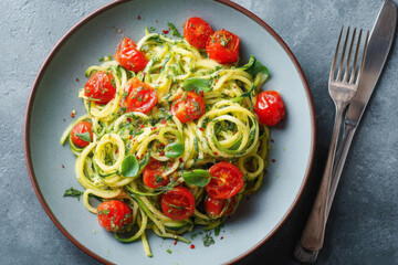 Zucchini noodles with cherry tomatoes, basil, and olive oil create fresh, vibrant dish