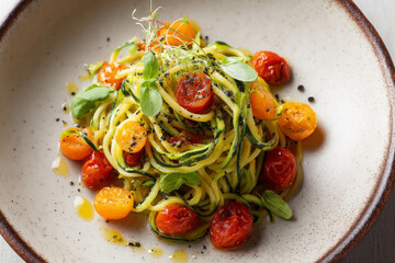 Zucchini noodles with cherry tomatoes, basil, and olive oil create fresh, vibrant dish