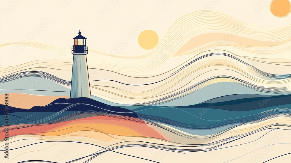 Poster Abstract lighthouse illustration with stylized waves and soft color palette.