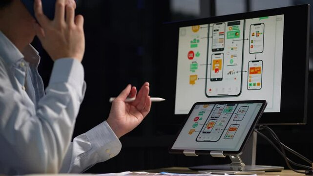 Male coder or developer working overtime using a computer display in problem solving at workplace.