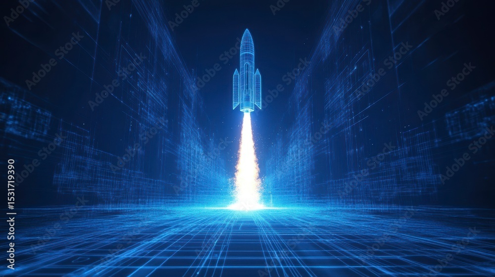 Poster Futuristic rocket launching from digital data grid.
