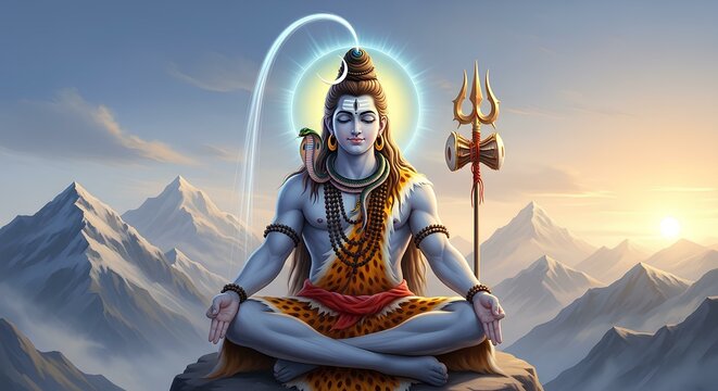 Hindu God Shiva in Meditation Pose Mountain Background