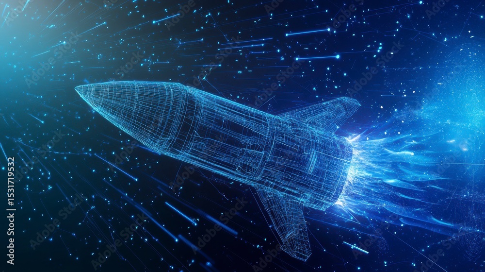 Poster Wireframe rocket launching into space, surrounded by glowing particles.