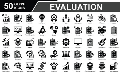 Performance Review Icon Set Collection. Containing Statistics, Audit, Survey, Score, Standard, Competence, Review, Evaluation, Performance, Result, Data Analysis. Simple Glyph Vector Illustration.