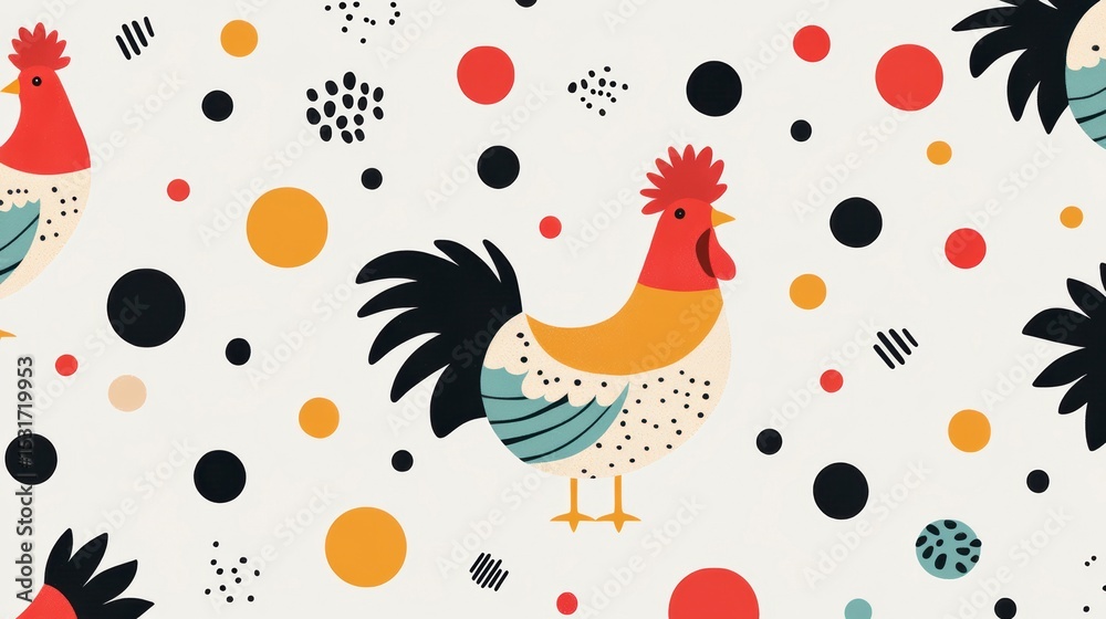 Poster Colorful rooster pattern with circles and dots background.