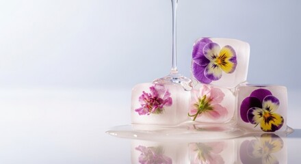 Three ice cubes with embedded edible flowers are melting around the base of a wine glass stem on a reflective surface.