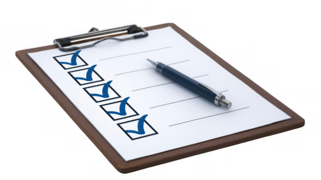 Checklist resting on a clipboard, featuring blue check marks alongside a pen, symbolizing completed tasks or survey questions, isolated against a transparent background