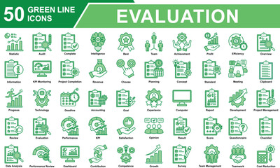 Performance Review Icon Set Collection. Containing Statistics, Audit, Survey, Score, Standard, Competence, Review, Evaluation, Performance, Result, Data Analysis. Simple Green Line Vector Illustration