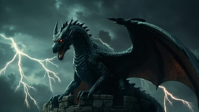 A black dragon perched on a stone tower during a lightning storm with red eyes and open mouth video