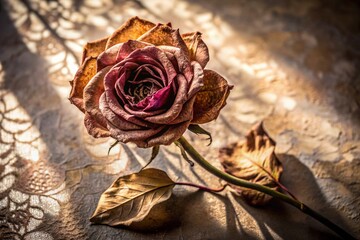 A single dried rose, with faded pink and brown petals and brittle leaves, lies on a lace-patterned surface, illuminated by a beam of sunlight creating distinct shadows.