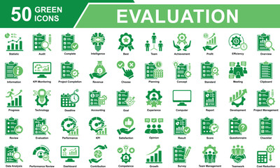 Performance Review Icon Set Collection. Containing Statistics, Audit, Survey, Score, Standard, Competence, Review, Evaluation, Performance, Result, Data Analysis. Simple Green Vector Illustration.