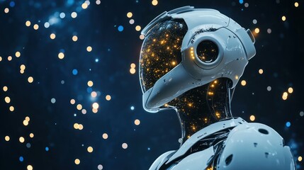 Futuristic humanoid robot gazing at a glittering cosmos background