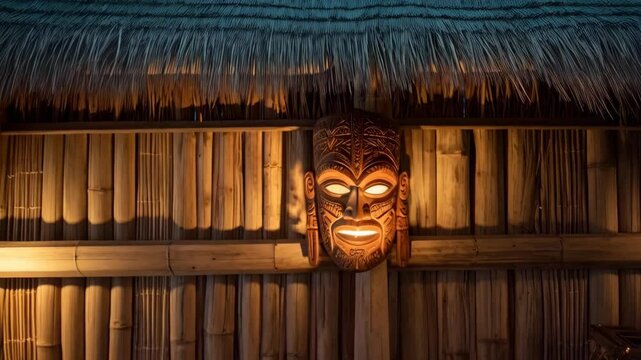 Ornate wooden tiki mask with glowing eyes mounted on a bamboo wall under a thatched roof in a tropical setting.