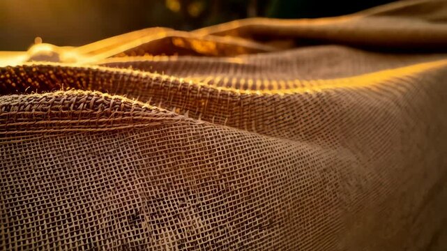 Close-up of coarse burlap fabric with a woven texture in sunlight, showcasing rustic details and earthy, golden hues, creating a warm, textured backdrop.