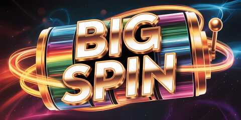 Colorful slot machine reel spinning with glowing "BIG SPIN" text and energy swirls
