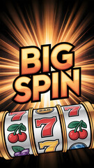Exploding golden rays behind spinning slot reel with "BIG SPIN" text and fruit symbols
