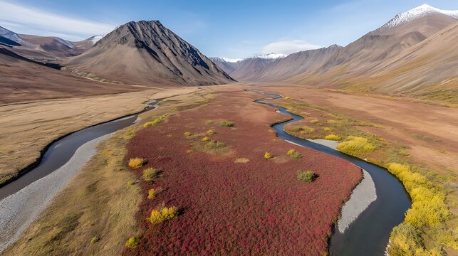 Mountain valley with river and autumn foliage