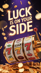 Golden slot machine with falling coins and bright "LUCK IS ON YOUR SIDE" text
