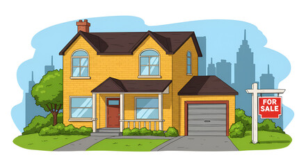 Illustration of a two-story house with a for sale sign in a residential area