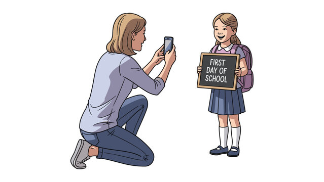 Mother taking picture of daughter on first day of school, back to school illustration