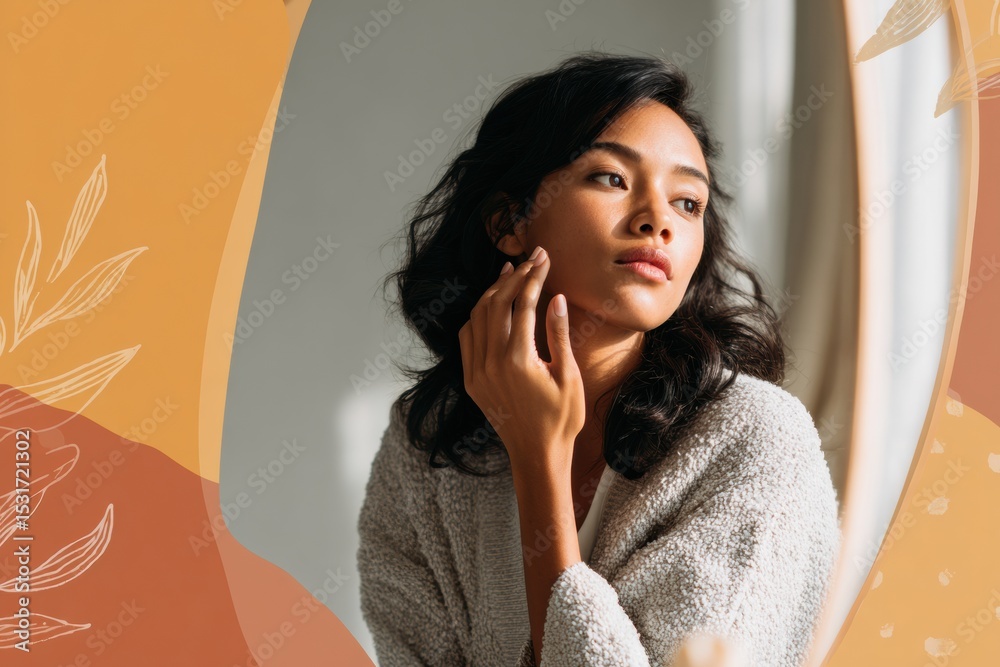 Poster woman applying serum in mirror with soft autumn tones and minimal right margin in a cozy indoor sett