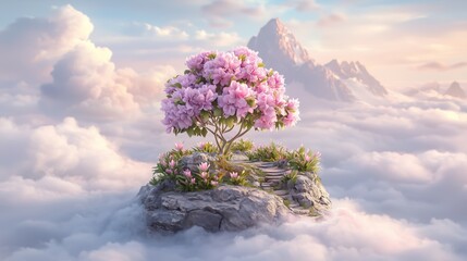 A Blooming Pink Flower Tree Amidst Clouds and Mountains
