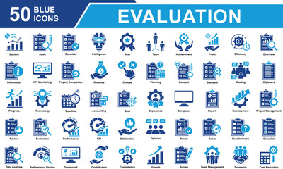 Performance Review Icon Set Collection. Containing Statistics, Audit, Survey, Score, Standard, Competence, Review, Evaluation, Performance, Result, Data Analysis. Simple Blue Vector Illustration.