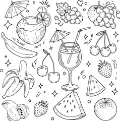 A delightful hand-drawn sketch collection of summer fruits and tropical cocktails. This black and white line art set features bananas, cherries, watermelon, and refreshing drinks in a fun doodle style