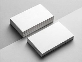 Two stacks of blank white business cards are arranged on a two-toned grey surface.