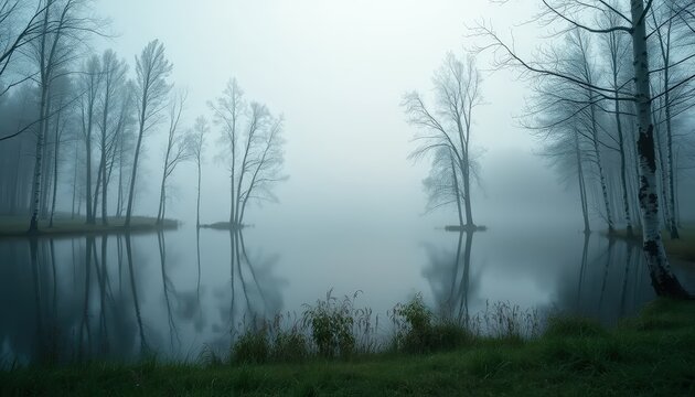Serene landscape of a misty lake surrounded by birch trees