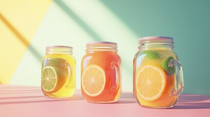 Three mason jars filled with colorful fruit juices, showcasing lime, orange, and lemon slices, against a pastel backdrop. Sunlight casts soft shadows on the surface.