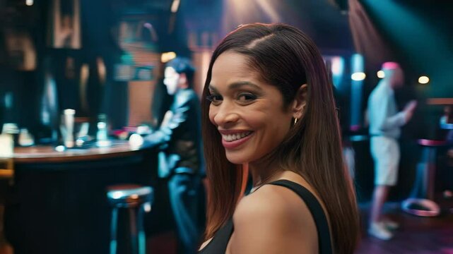 Smiling happy attractive mature woman flirting at a night club looking at the camera