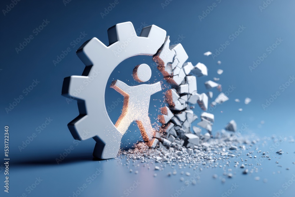 Aufkleber user icon disintegrates within gear during system crash event illustrating technological failure