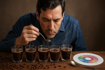 Man performing professional coffee cupping with aroma wheel and tasting glasses, representing quality control, flavor profiling, and expert coffee culture.
