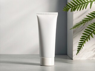 A clean, white cosmetic tube stands upright on a light gray surface, with a green fern leaf and a white marble block providing a natural and minimalist backdrop.