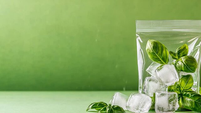 Basil leaves and ice cubes in transparent plastic bag on green background