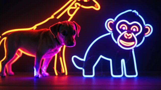 A dog stands alongside neon outlines of a giraffe and monkey.