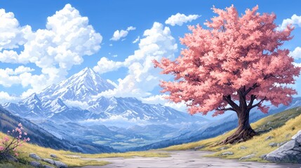 Vibrant Pink Flower Tree Against Snow-Capped Mountain Under Blue Sky
