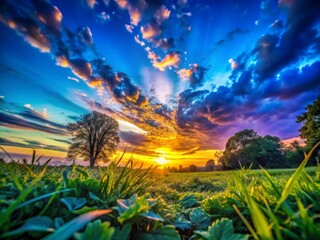 Obraz premium Dramatic Sunset Over Grassy Field