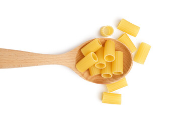 Plakat Wooden spoon with uncooked tortiglioni pasta on white background